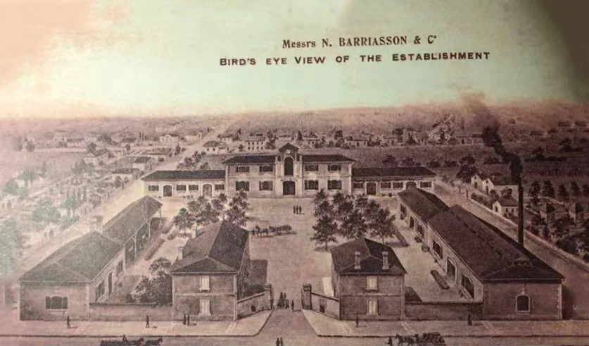 Barriasson厂区的历史鸟瞰图，呈现院落与生产建筑的布局。